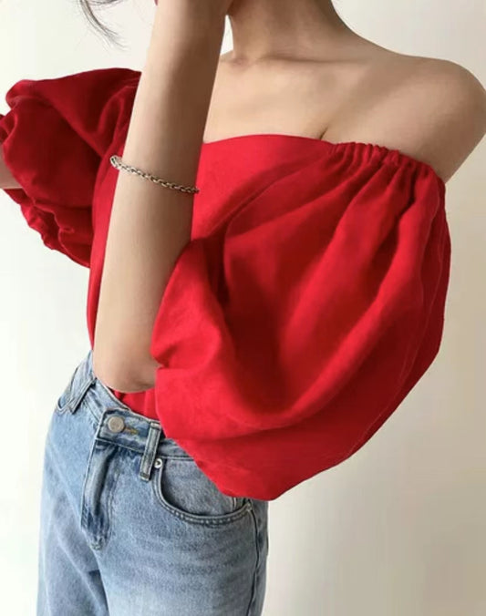 off-shoulder red blouse